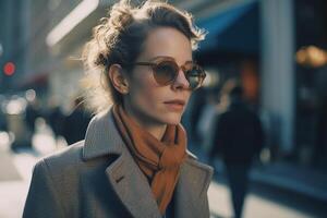 Portrait of a beautiful young woman in a coat on the street photo