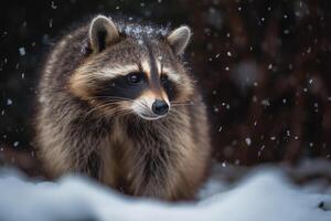 Portrait of a raccoon in the winter forest. Animal in the snow photo