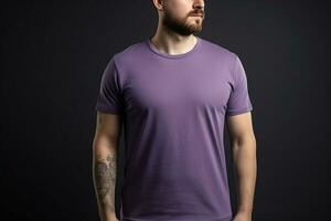 Ai generative Young man wearing blank purple t-shirt, mockup for design photo