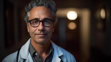 Portrait of doctor standing in corridor at hospital. Doctor looking at camera. photo