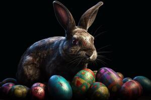 ai generativo Pascua de Resurrección conejito y de colores huevos en el bosque en un oscuro antecedentes foto