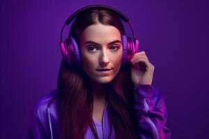 Beautiful young woman listening to music on headphones. Purple background. photo