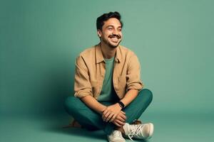 Happy young man sitting on floor and smiling at camera on green background photo