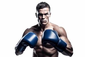Portrait of young man in blue boxing gloves on a white background photo