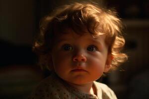 Portrait of a cute little baby at home in the evening photo