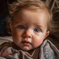 Portrait of a cute baby girl with blue eyes on a dark background photo