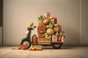 Delivery of tasty and healthy food on bright background, Ai generated photo