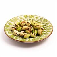 delicious nut pistachio lies on beautiful plate, Ai generated photo