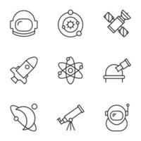 Collection of vector isolated signs drawn in line style. Editable stroke. Icons of astronaut, universe, spacecraft, isolated atom, observatory, planet, telescope