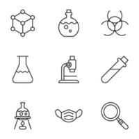 Collection of vector isolated signs drawn in line style. Editable stroke. Icons of chemical compound, lab bulb, hazard, microscope, mask, magnifying glass