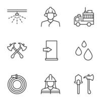 Collection of vector isolated signs drawn in line style. Editable stroke. Icons of shower, firefighter, firetruck, axes, emergency exit, drop, shovel, water, drops