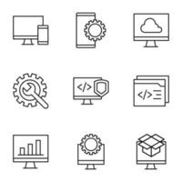 Collection of vector isolated signs drawn in line style. Editable stroke. Icons of computer, smartphone, gear, cloud store, coding, programming, online shopping