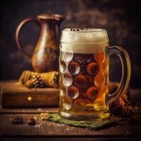 Foamy beer in large glass mug stands in local bar on Oktoberfest, Ai generated photo