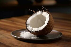 Juicy delicious coconut lies on a beautiful plate, Ai generated photo