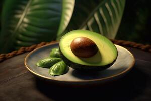 Juicy delicious avocado lies on a beautiful plate, Ai generated photo