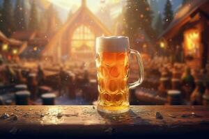Foamy beer in large glass mug stands in local bar on Oktoberfest, Ai generated photo
