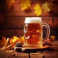 Foamy beer in large glass mug stands in local bar on Oktoberfest, Ai generated photo