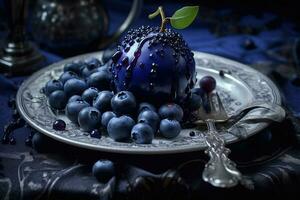 Juicy delicious blueberry lies on a beautiful plate, Ai generated photo