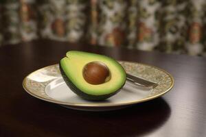 Juicy delicious avocado lies on a beautiful plate, Ai generated photo