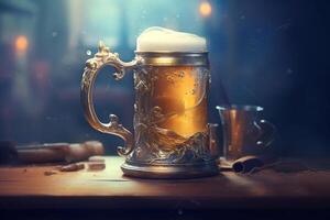 Foamy beer in large glass mug stands in local bar on Oktoberfest, Ai generated photo