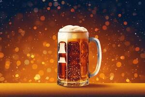 Foamy beer in large glass mug stands in local bar on Oktoberfest, Ai generated photo