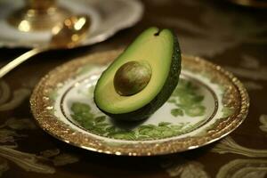 Juicy delicious avocado lies on a beautiful plate, Ai generated photo