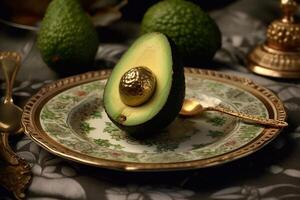 Juicy delicious avocado lies on a beautiful plate, Ai generated photo