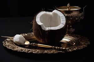 Juicy delicious coconut lies on a beautiful plate, Ai generated photo