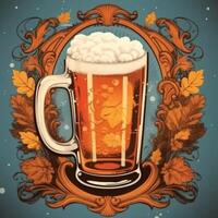 Foamy beer in large glass mug stands in local bar on Oktoberfest, photo