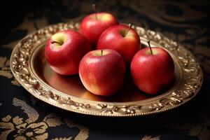 Juicy delicious apple lies on a beautiful plate, Ai generated photo