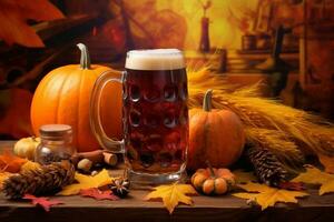espumoso cerveza en grande vaso jarra soportes en local bar en oktoberfest, ai generado foto