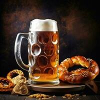 Foamy beer in large glass mug stands in local bar on Oktoberfest, Ai generated photo