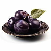 Juicy delicious plum lies on beautiful plate, Ai generated photo