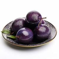 Juicy delicious plum lies on beautiful plate, Ai generated photo