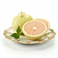 Juicy delicious pomelo lies on beautiful plate, Ai generated photo