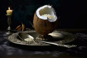 Juicy delicious coconut lies on a beautiful plate, Ai generated photo