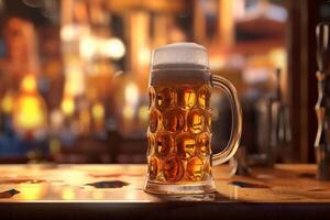 Foamy beer in large glass mug stands in local bar on Oktoberfest, Ai generated photo