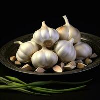 Juicy delicious garlic lies on beautiful plate, Ai generated photo