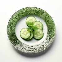 Juicy delicious cucumber lies on beautiful plate, Ai generated photo