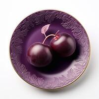 Juicy delicious plum lies on beautiful plate, Ai generated photo