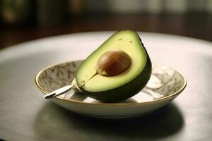 Juicy delicious avocado lies on a beautiful plate, Ai generated photo