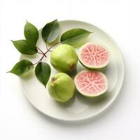 Juicy delicious guava lies on beautiful plate, Ai generated photo