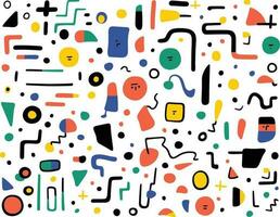 hand drawn geometric pattern with different colored shapes, in the style of minimalist cartooning, graphic black outlines, toycore, whimsical minimalism, colorful figures vector