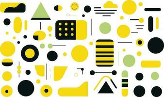 conjunto de moderno plano geométrico formas en amarillo, en el estilo de rayas y formas, negrita negro contornos, geométrico formas patrones, blanco fondo, geométrico vector
