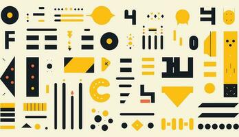 geometric shapes and yellow letters in flat style, in the style of stripes and shapes, line and dot work, minimalist figures, memphis design, zigzags, minimalist backgrounds, symbolic elements vector