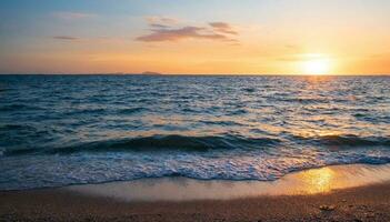 Panorama viewpoint landscape travel summer sea wind wave cool on holiday calm coastal big sun set sky light orange golden Nature tropical Beautiful evening hourday At Bang san Beach Chonburi Thailand. photo