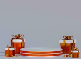 3d rendering orange podium with gift box ,display for cosmetic .Empty showcase for product presentation. photo