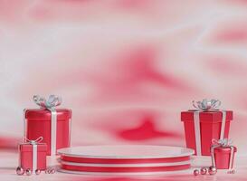 Pink podium and gift boxes on pink background. 3d rendering.for placing beauty products photo