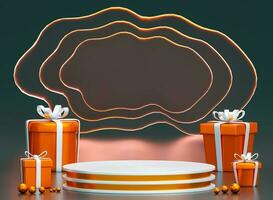 3d rendering orange podium with gift box ,display for cosmetic .Empty showcase for product presentation. photo