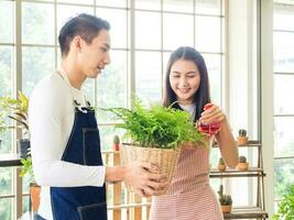 Gardener young Asian man woman two person family stand  smiling lookand helping organize small tree. Inside room  tree leaf green in calm work shop home plant . hobby job happy and care concept photo